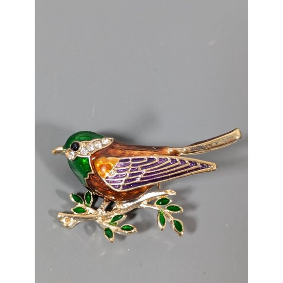 Retro Green Brown Enamel Rhinestone Bird on Branch Brooch Pin - Picture 5 of 6